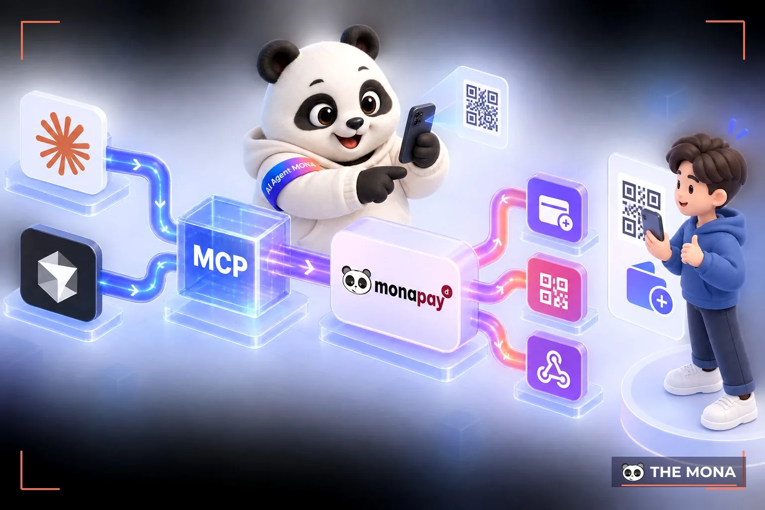 Luồng AI agent gọi MONA Pay qua MCP và người quét mã QR xác nhận
