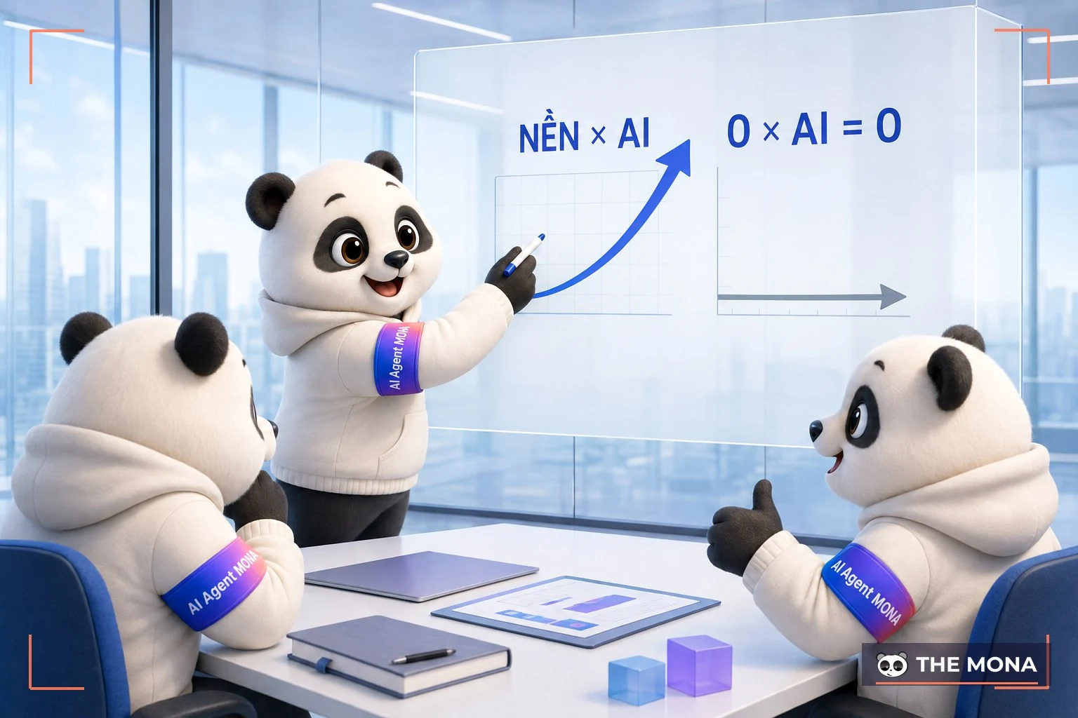 Gấu MONA viết phép nhân nền với AI trên bảng kính