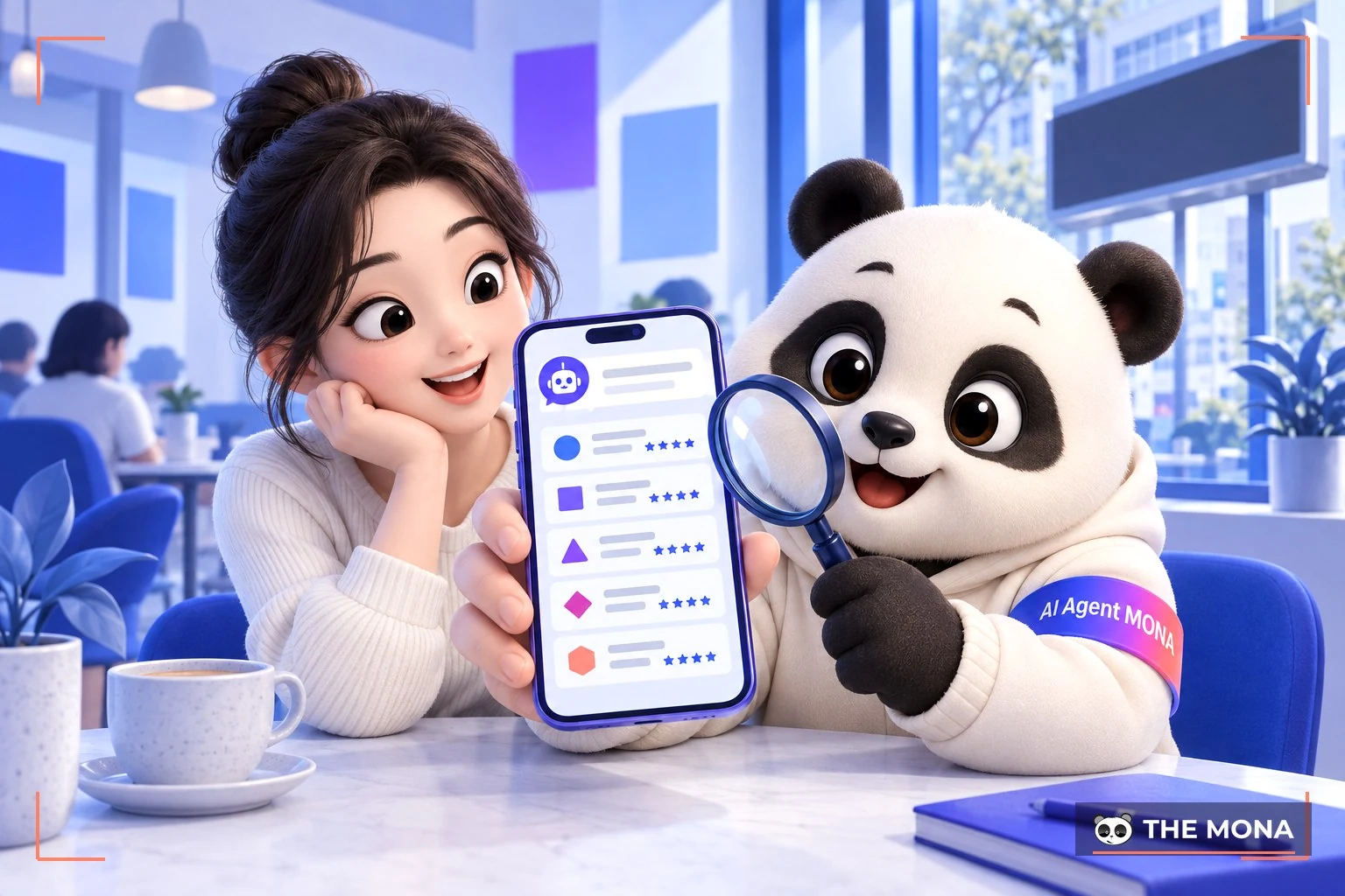 Khách xem danh sách 5 công ty do AI gợi ý, gấu MONA soi kính lúp