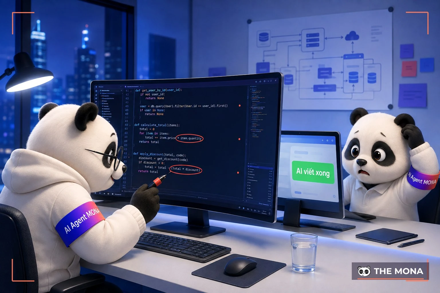 Gấu senior MONA đánh dấu lỗi trên code AI viết trong khi gấu junior bối rối
