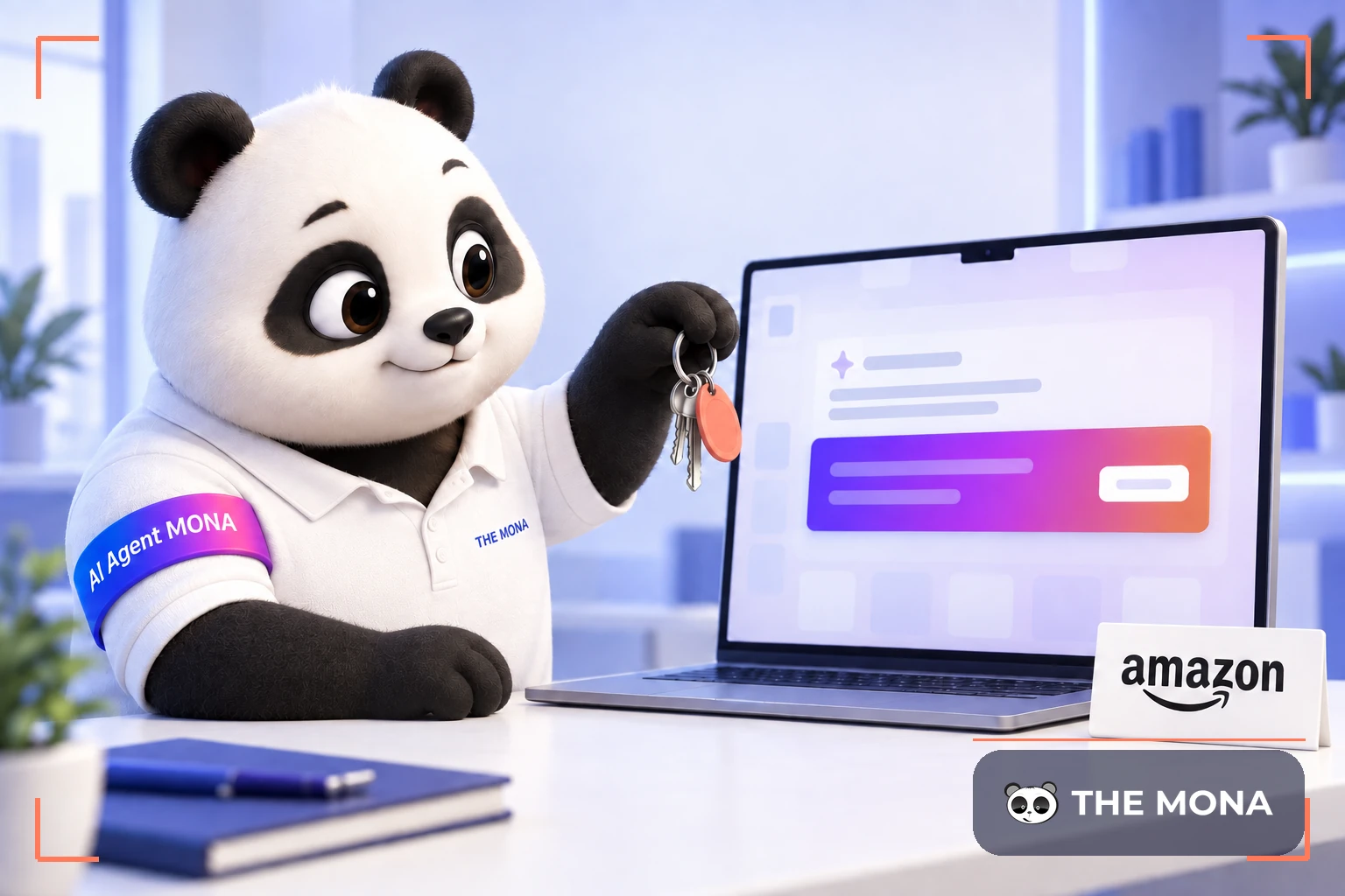 Gấu MONA cầm chìa khoá trước màn hình xin quyền nối tài khoản gian hàng Amazon.