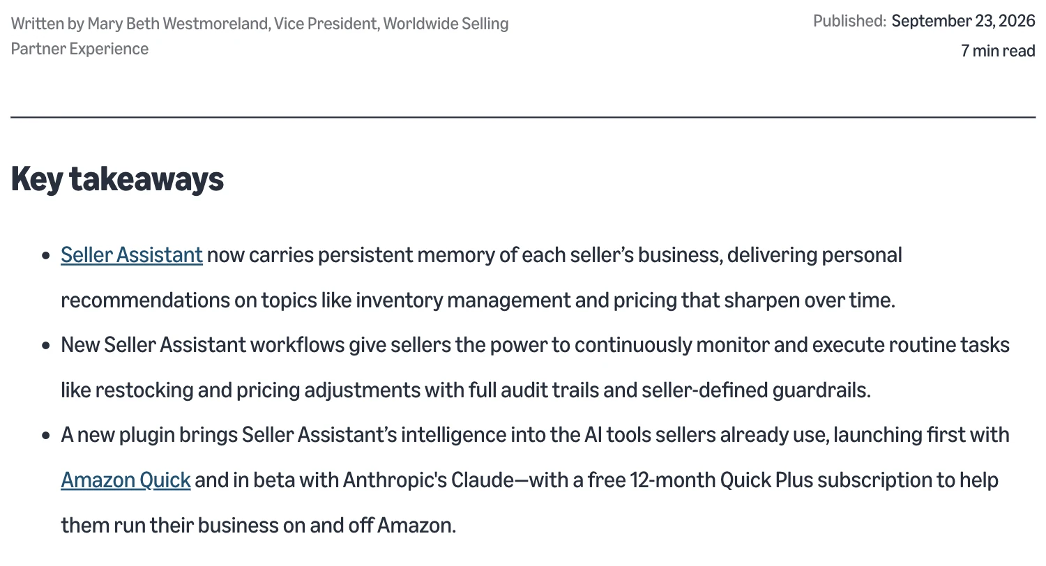 Ba gạch đầu dòng tóm tắt công bố Seller Assistant của Amazon ngày 23/09/2026
