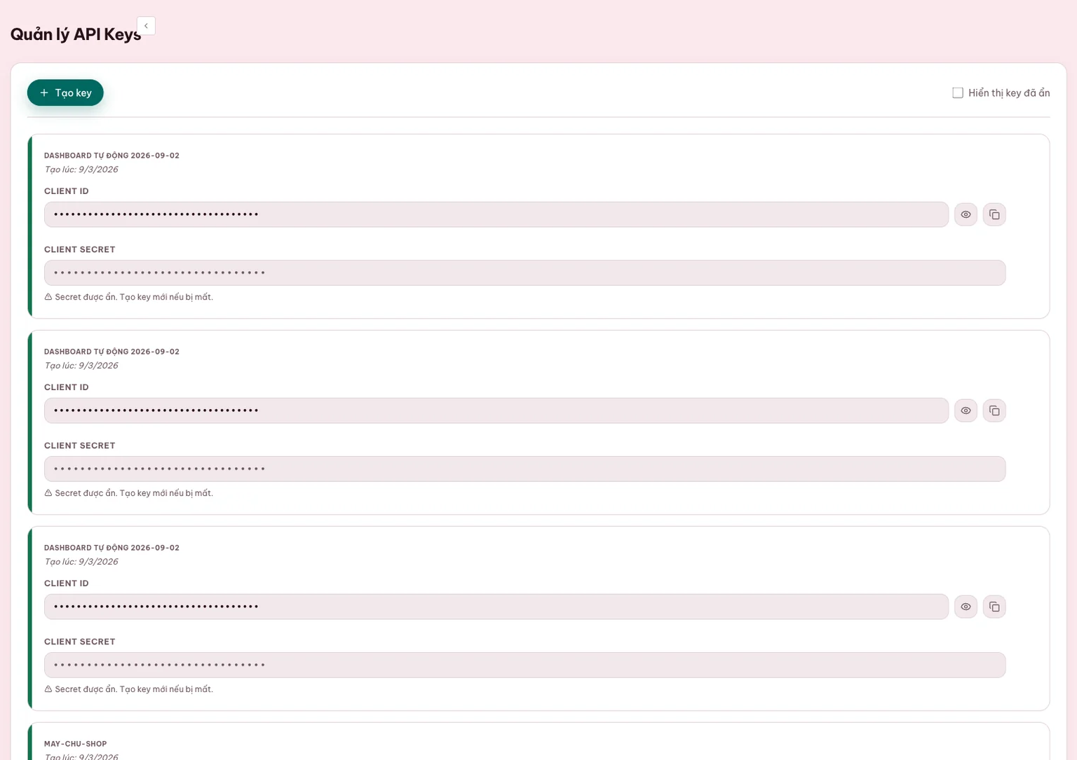 Dashboard tạo API key cho AI agent tích hợp MONA Pay