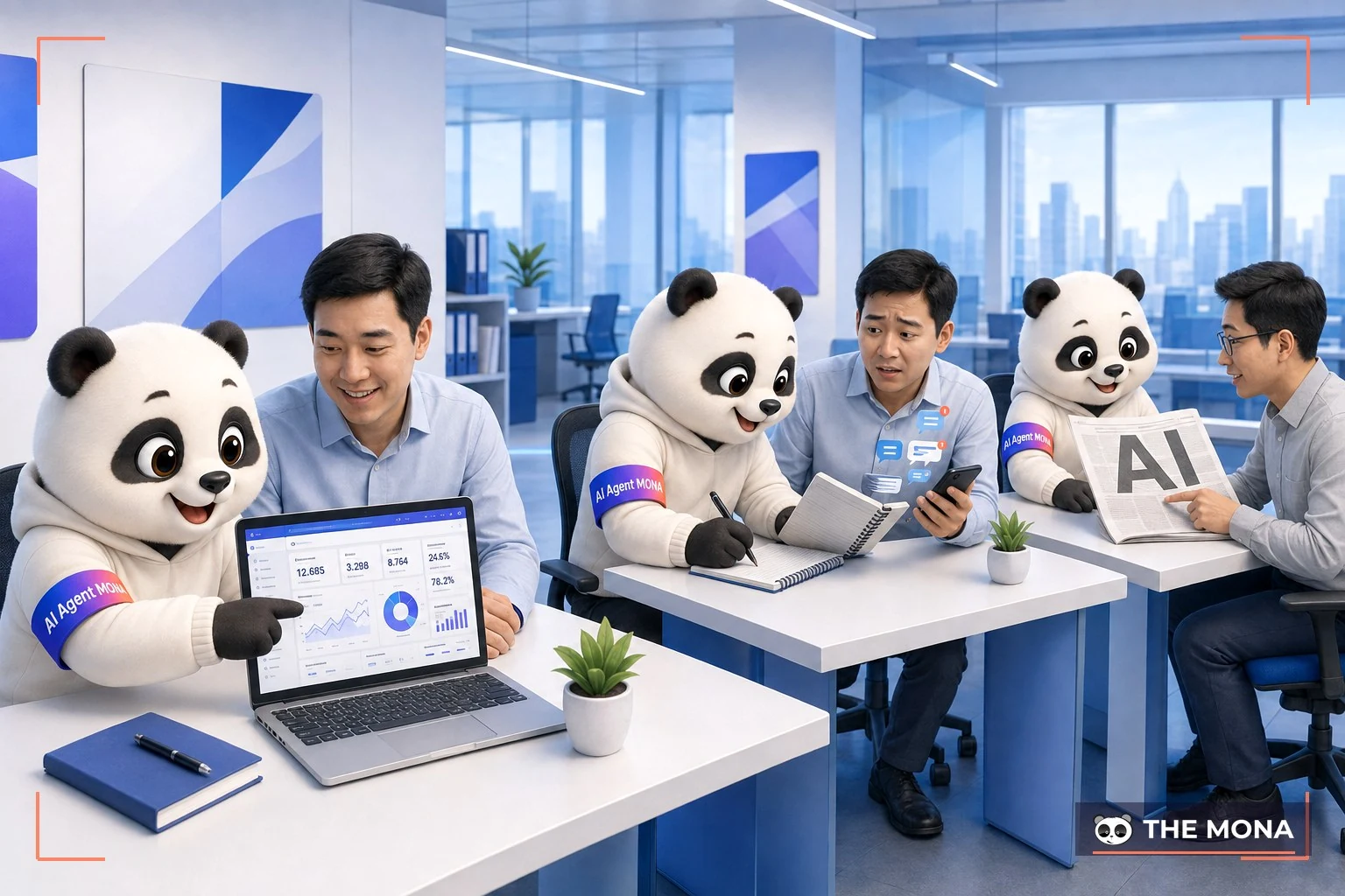 Gấu MONA tư vấn ba nhóm khách hỏi làm AI ở ba bàn khác nhau