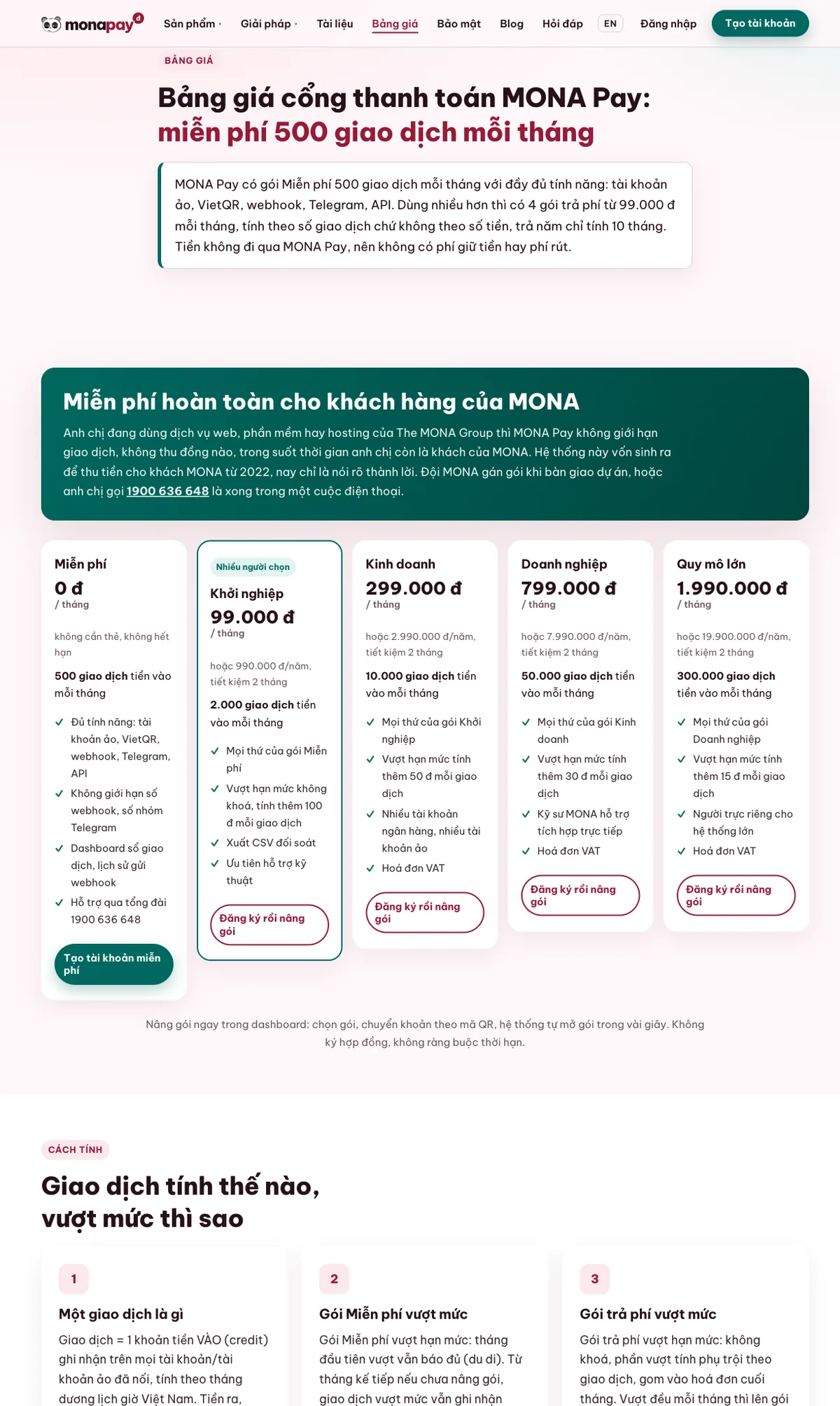 Bảng giá MONA Pay tính theo số khoản tiền vào