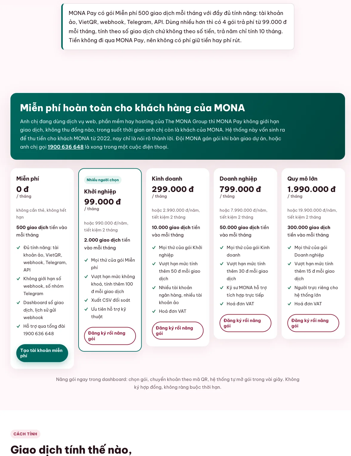 Bảng giá MONA Pay từ miễn phí đến gói quy mô lớn