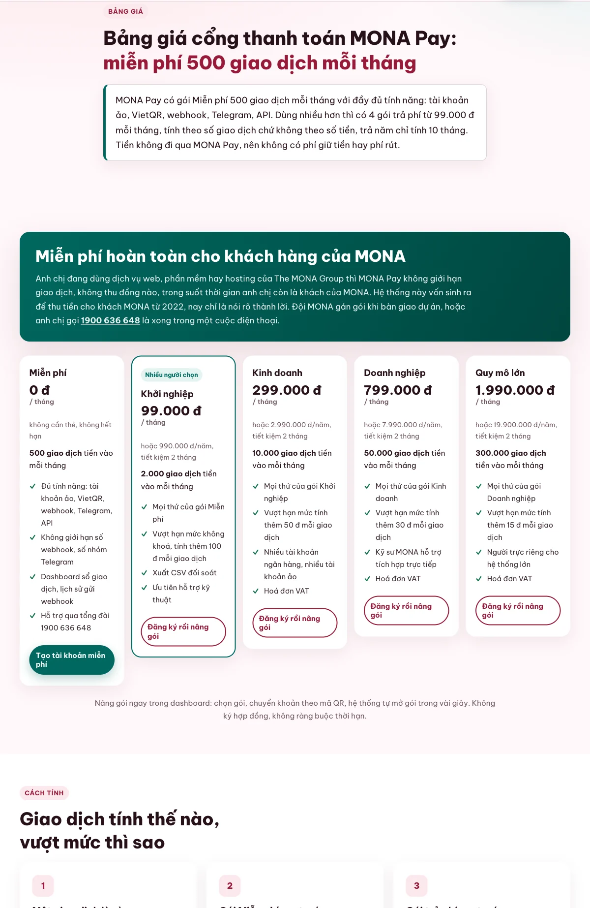 Bảng giá MONA Pay từ 500 đến 300000 khoản mỗi tháng