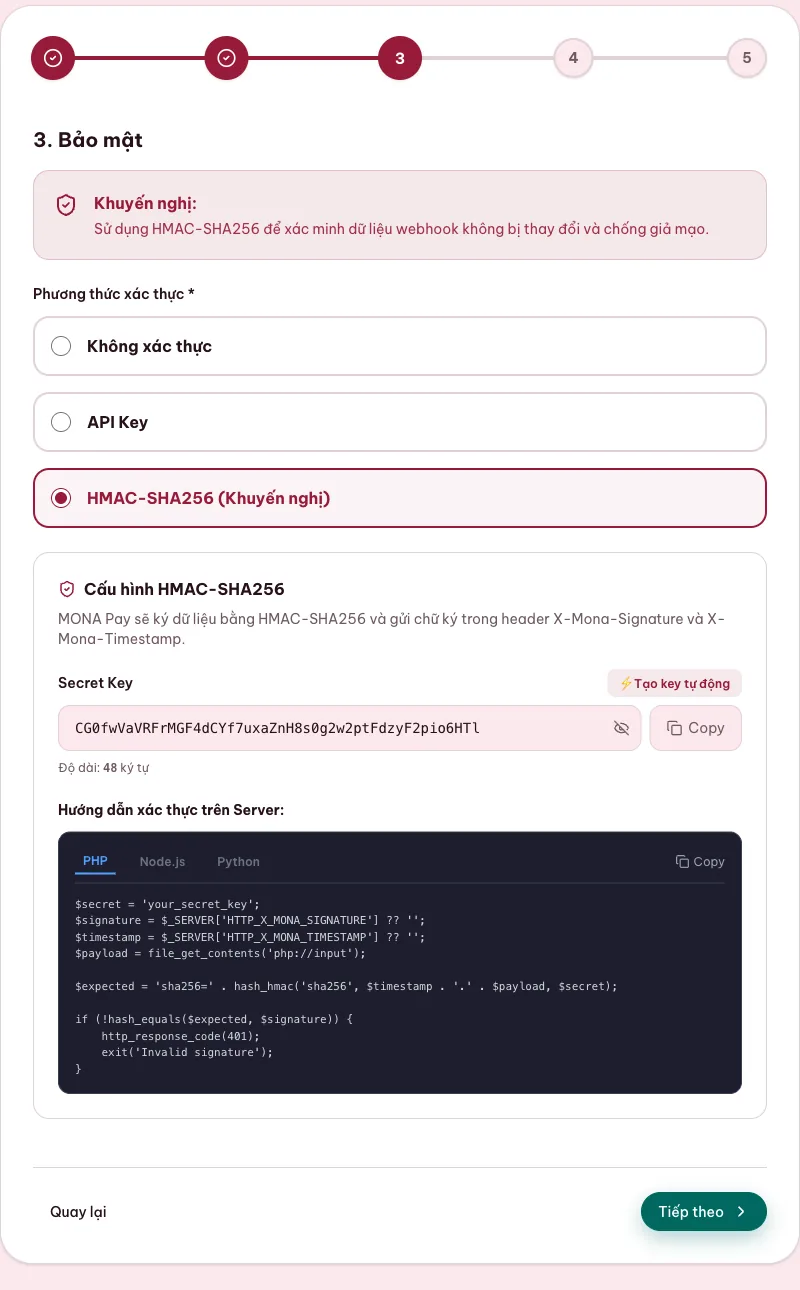 Bước bảo mật webhook bằng HMAC SHA256 trên MONA Pay