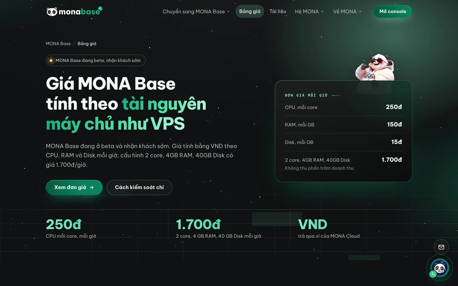 Ảnh chụp thật trang bảng giá monabase.vn