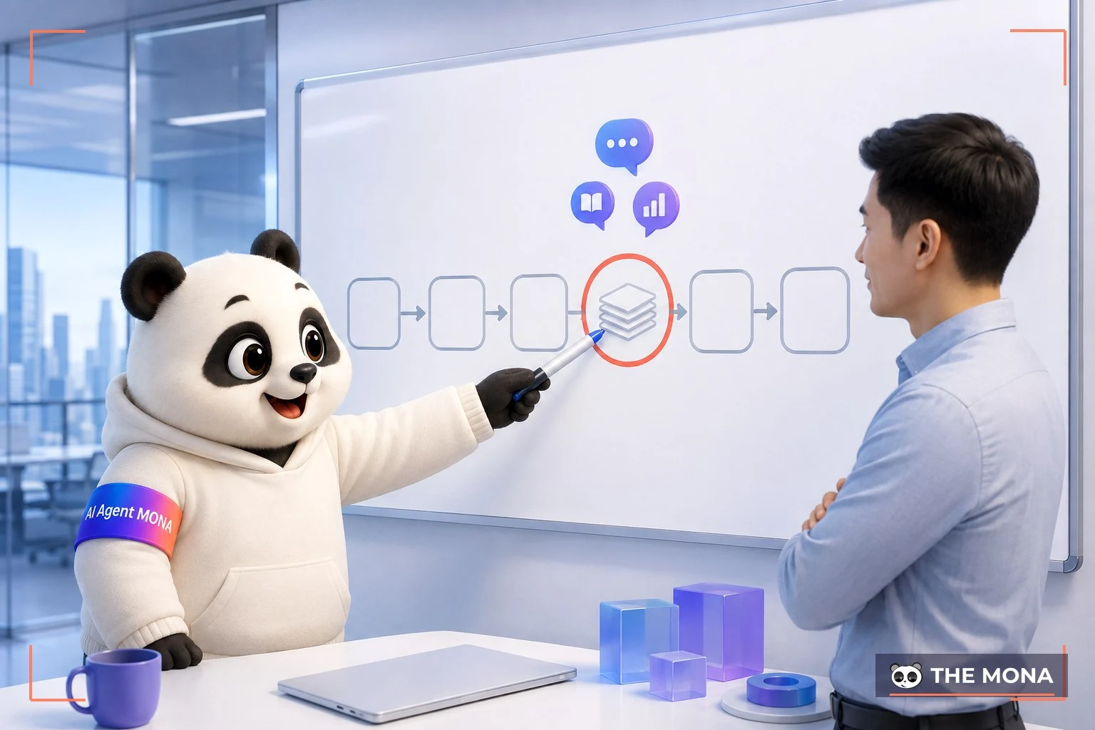Gấu MONA khoanh một khâu trên sơ đồ quy trình sáu ô để ghép AI trước