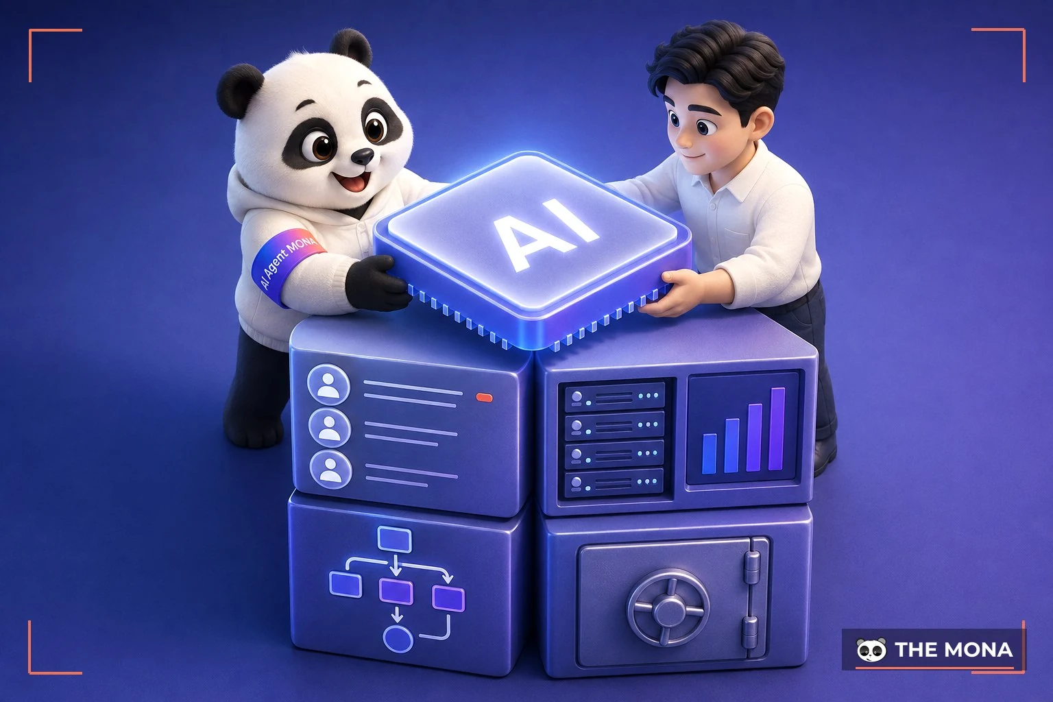 Gấu MONA đặt khối AI lên bốn khối nền khách, dữ liệu, quy trình, tiền