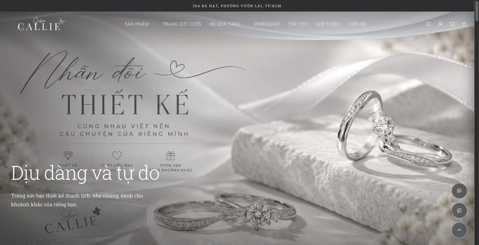 Màn hero website Callie Silver với dòng chữ dịu dàng và tự do