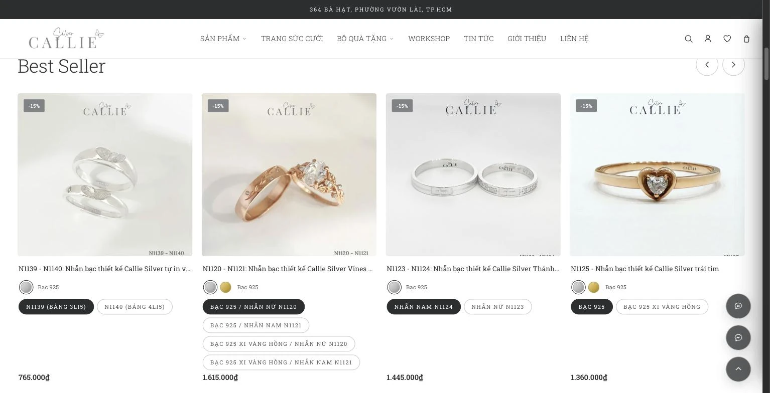 Dải Best Seller trên trang chủ Callie Silver kèm chip phân loại nhẫn