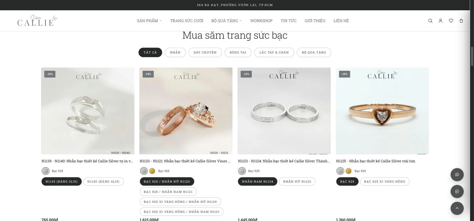 Khối mua sắm trang sức bạc chia tab theo nhóm sản phẩm