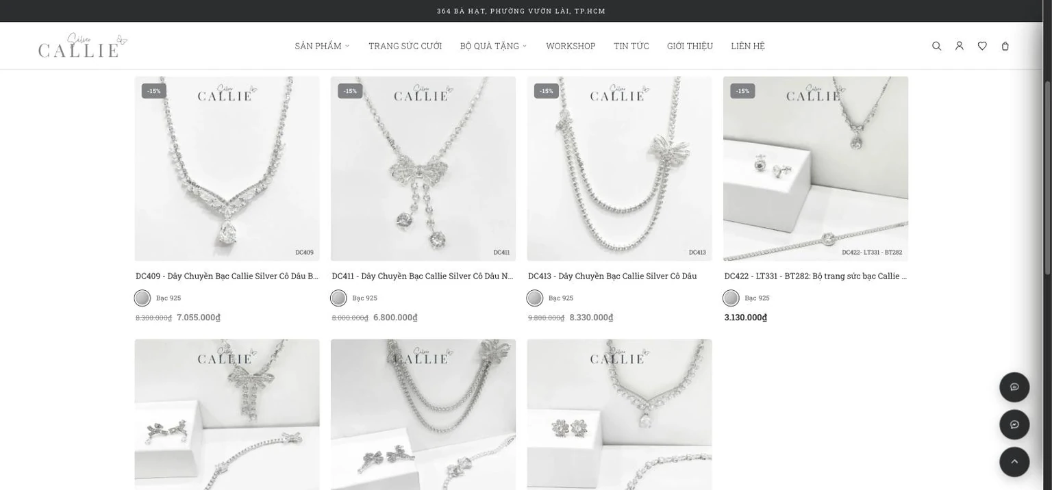 Trang trang sức cưới Callie Silver với bộ dây chuyền và bông tai