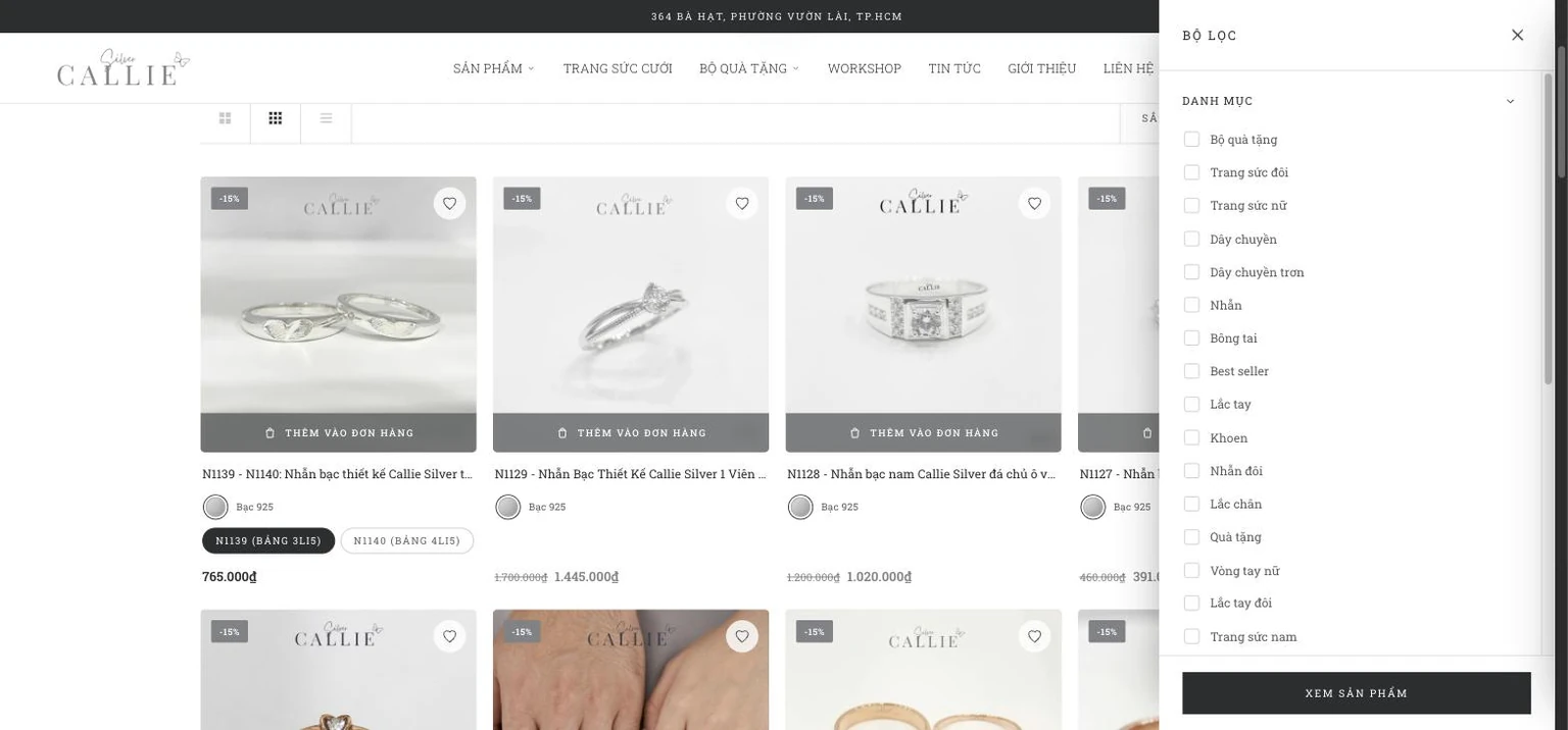 Danh mục sản phẩm Callie Silver với khay lọc danh mục chất liệu và giá