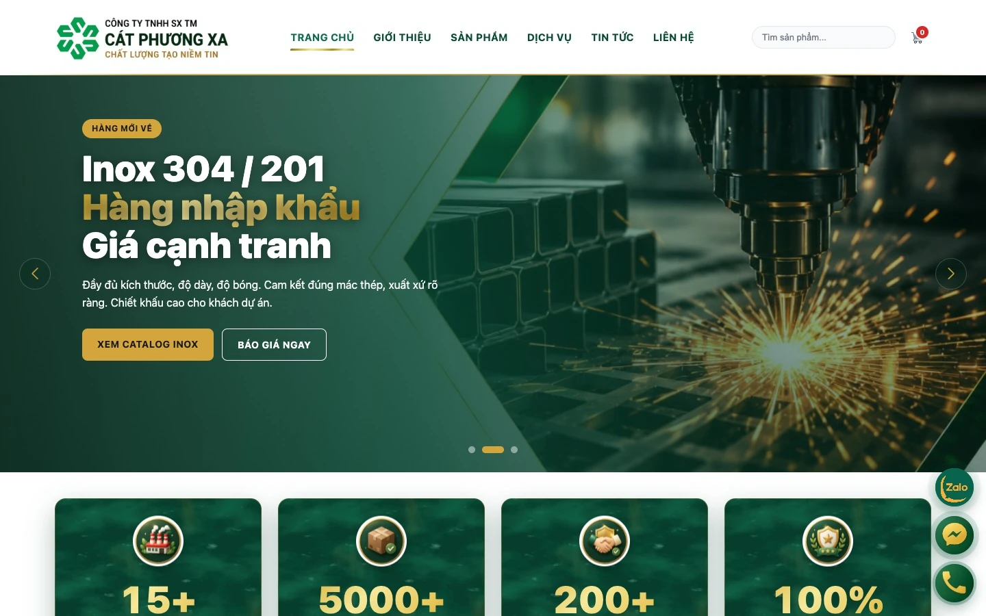 Màn hero website Cát Phương Xa với banner inox 304 và 201 nhập khẩu