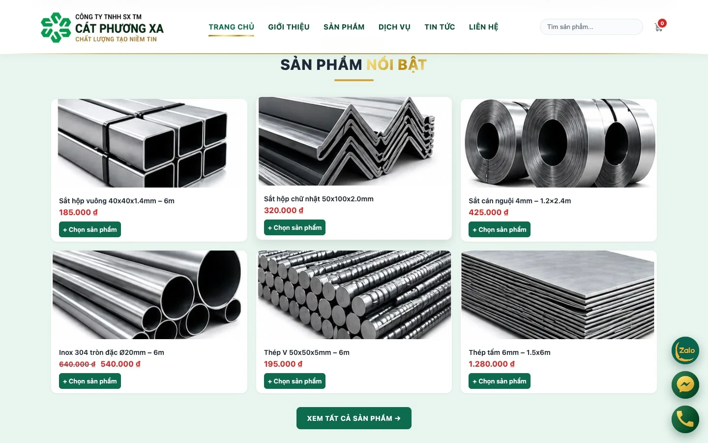 Sản phẩm nổi bật ghi quy cách và giá từng cây sắt thép