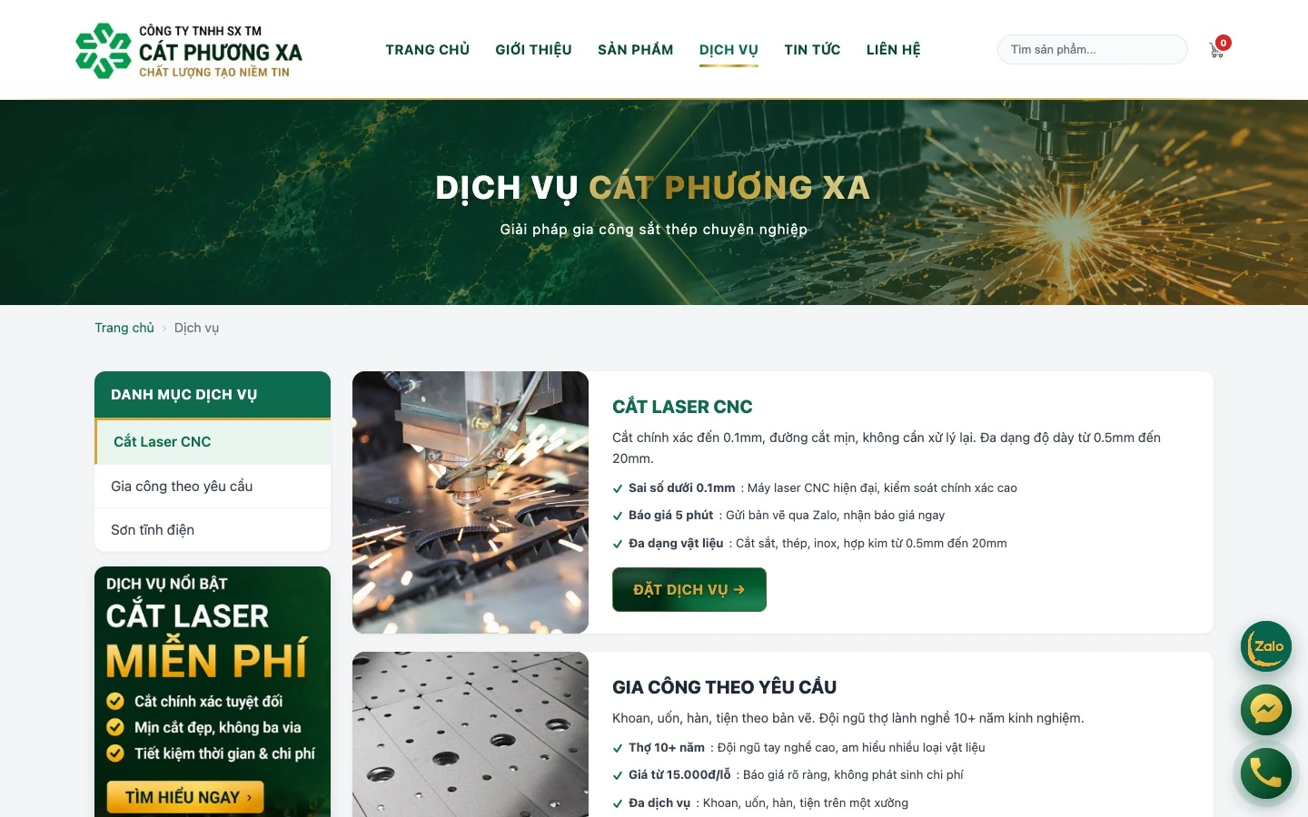 Trang dịch vụ cắt laser CNC và gia công theo yêu cầu kèm quảng cáo cắt miễn phí