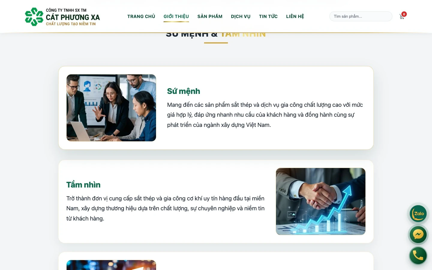 Mục sứ mệnh và tầm nhìn trên trang giới thiệu Cát Phương Xa