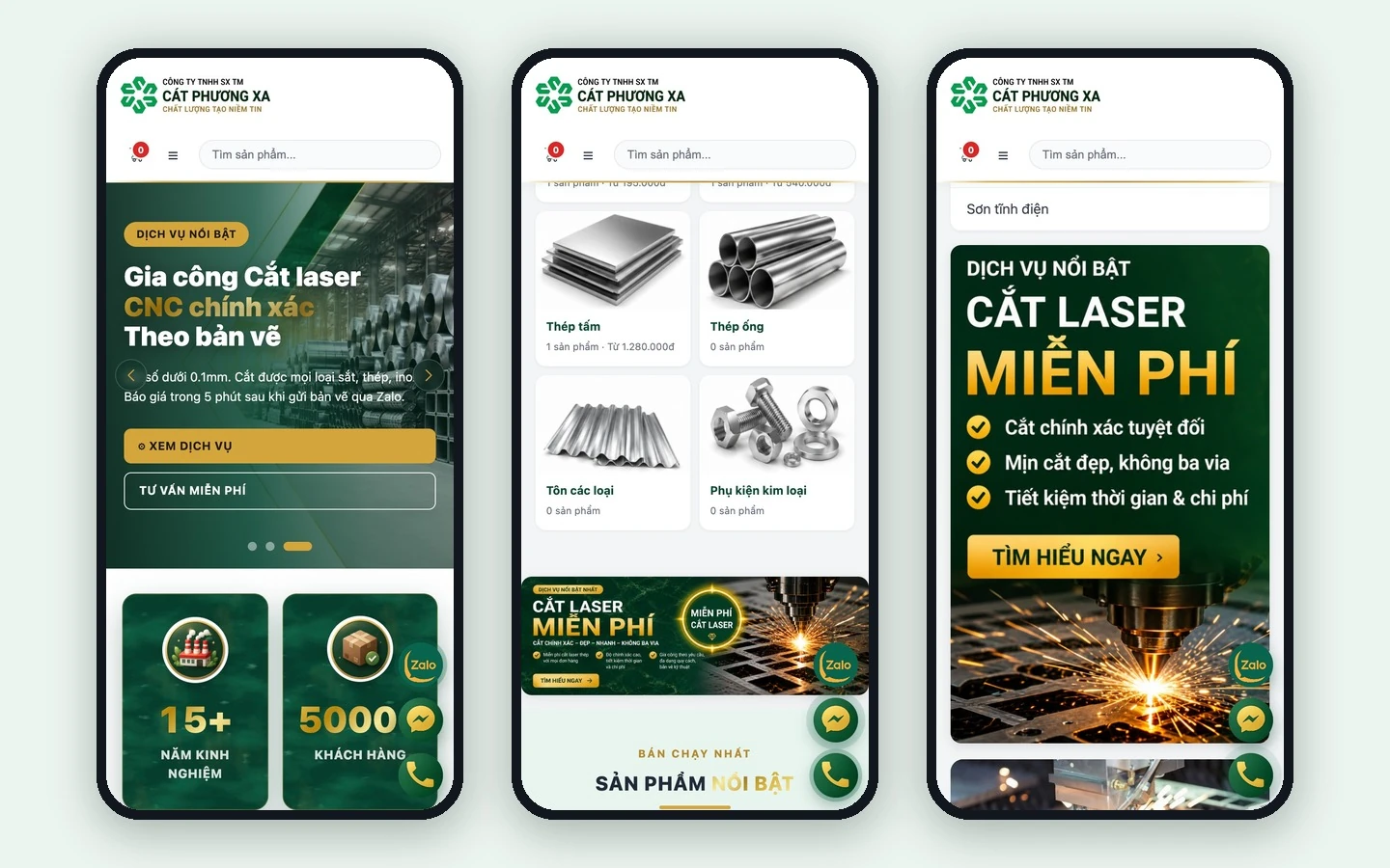 Ba màn mobile Cát Phương Xa: hero, danh mục sản phẩm và dịch vụ cắt laser