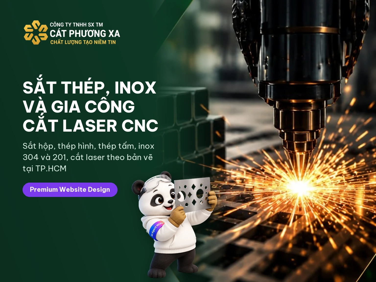 Gấu MONA đeo kính bảo hộ soi tấm inox cắt laser trên thẻ dự án website Cát Phương Xa