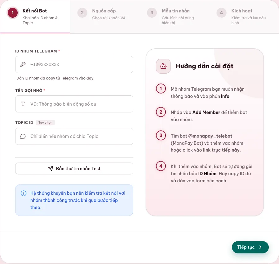 Màn hình cấu hình nhóm và chủ đề Telegram trên MONA Pay