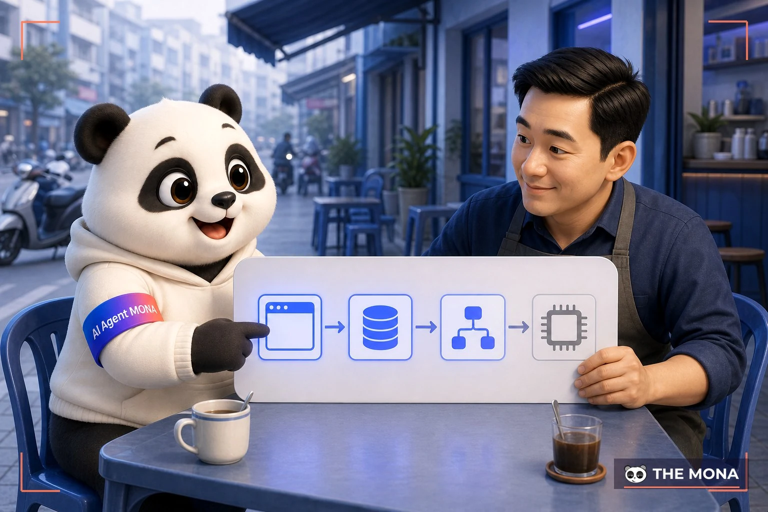 Gấu MONA chỉ lộ trình bốn ô cho chủ tiệm nhỏ tại quán cà phê