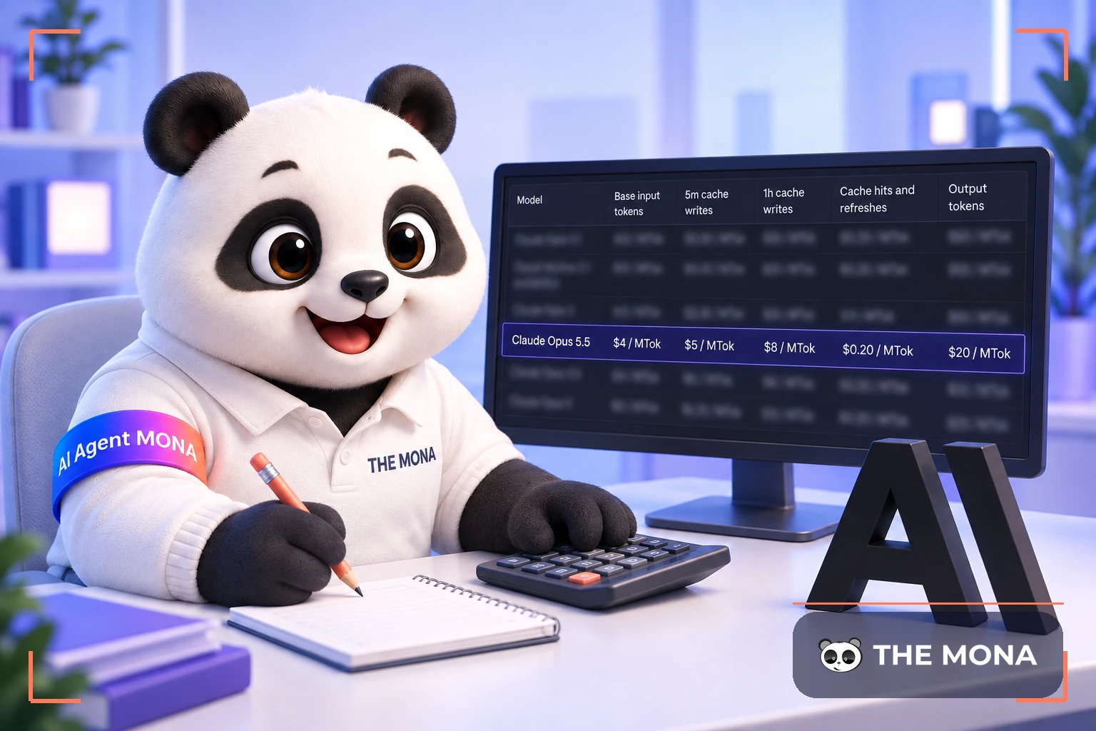 Gấu MONA ngồi soi bảng giá Claude Opus 5.5 bên máy tính bỏ túi