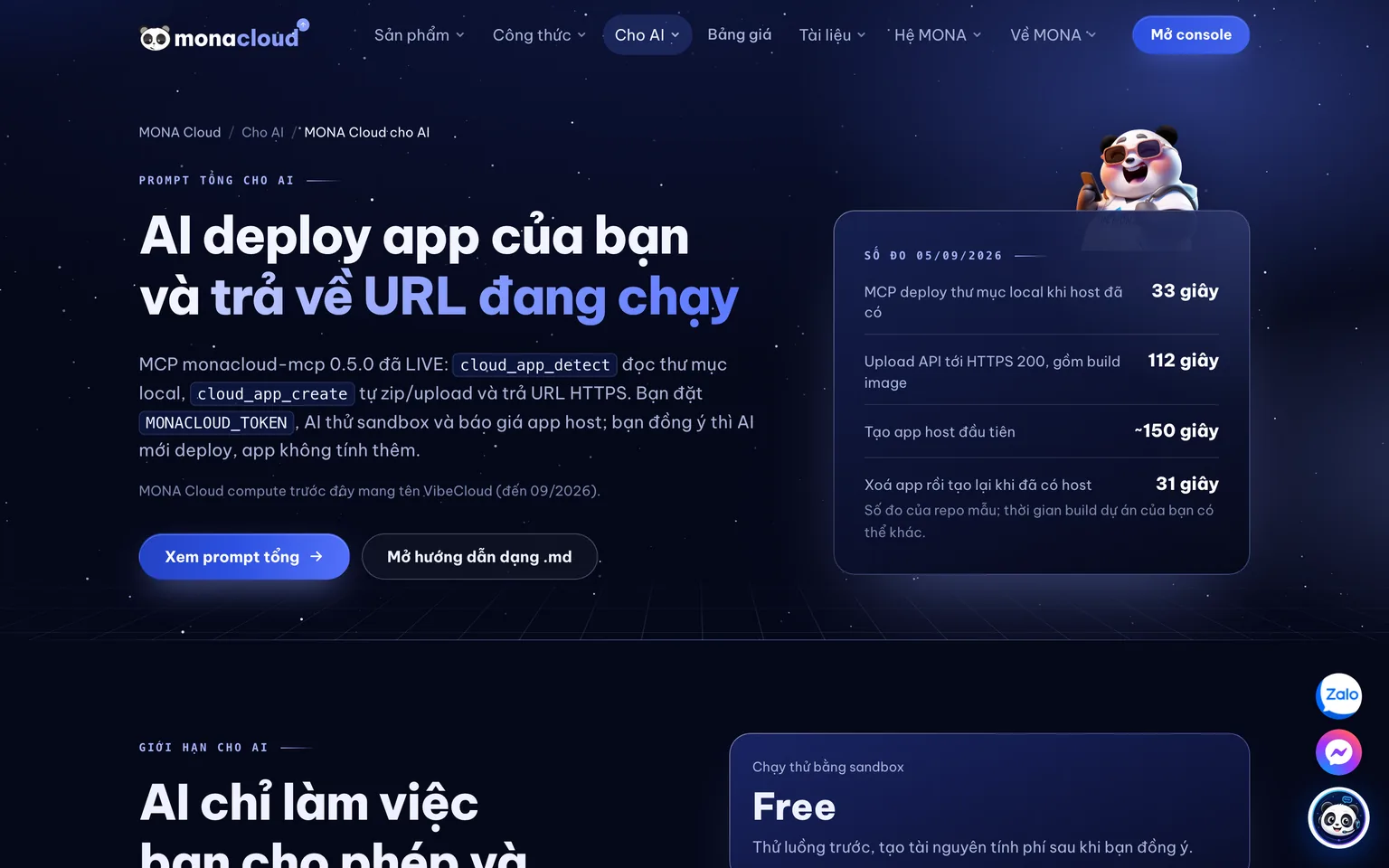 Ảnh chụp thật trang hướng dẫn AI agent trên monacloud.vn