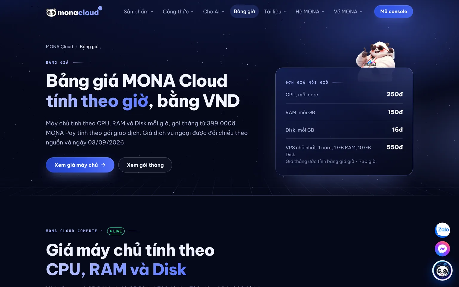 Ảnh chụp thật trang bảng giá monacloud.vn