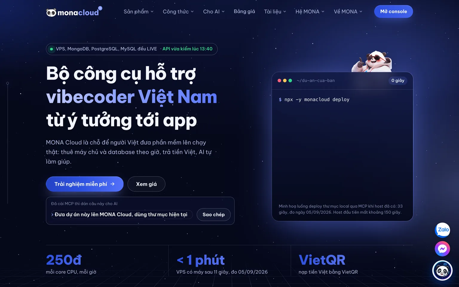 Trang chủ thật của MONA Cloud chụp ngày 19/09/2026