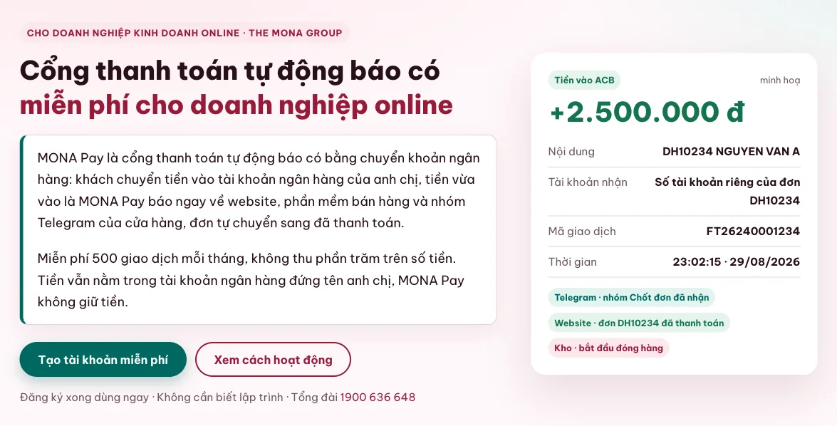 Màn hình MONA Pay báo có khoản chuyển khoản 2.500.000 đồng