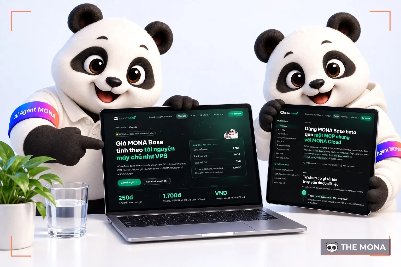 Laptop hiển thị màn hình MONA Base, hai gấu MONA đang thao tác