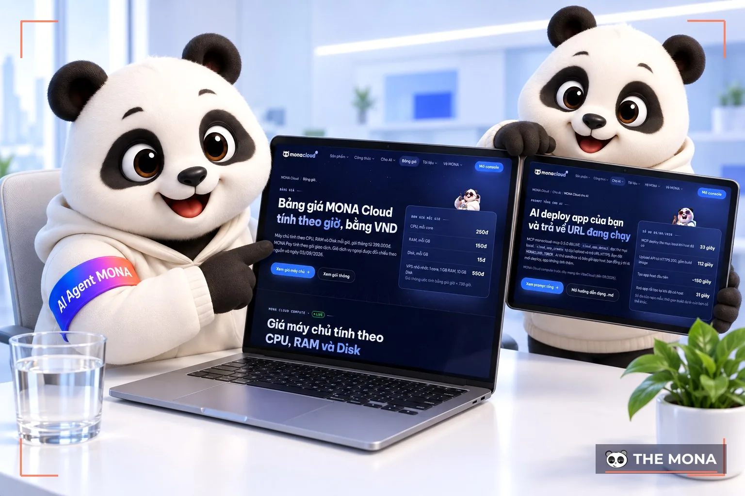 Laptop hiển thị màn hình MONA Cloud, hai gấu MONA đang thao tác