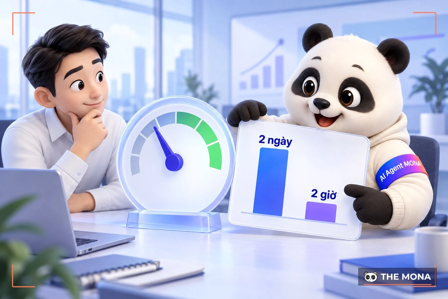 Gấu MONA cầm biểu đồ trước sau cạnh đồng hồ đo kỳ vọng AI