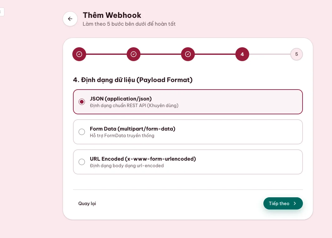 Bước chọn định dạng dữ liệu webhook MONA Pay
