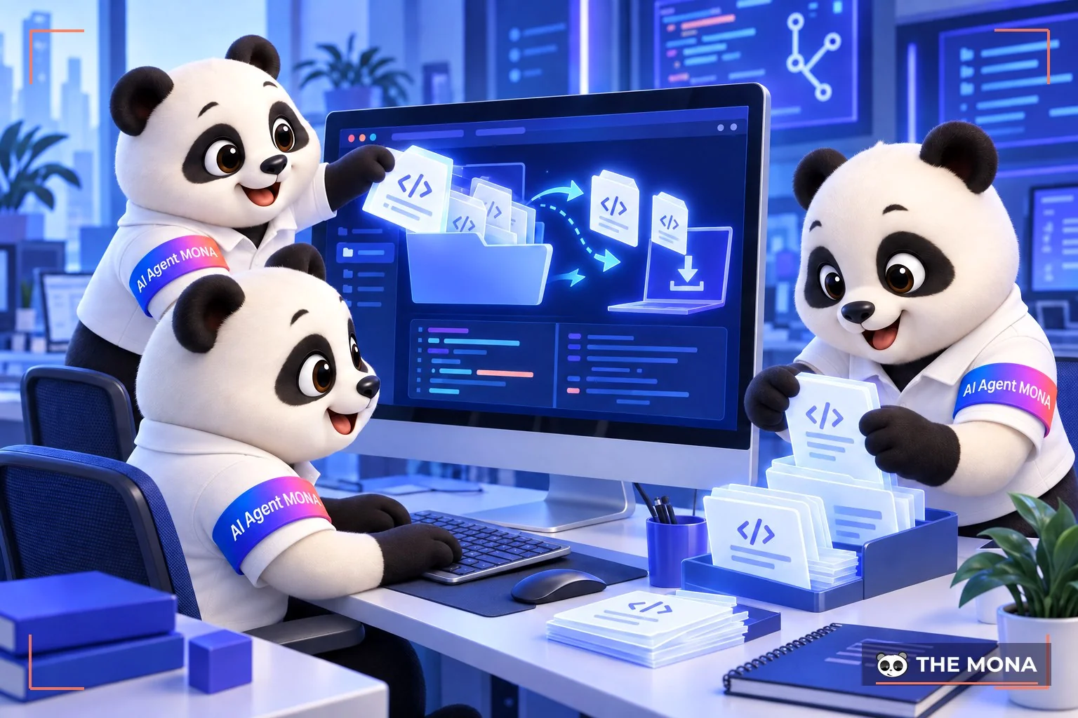 đội gấu MONA Agent thao tác với mã nguồn trên máy tính