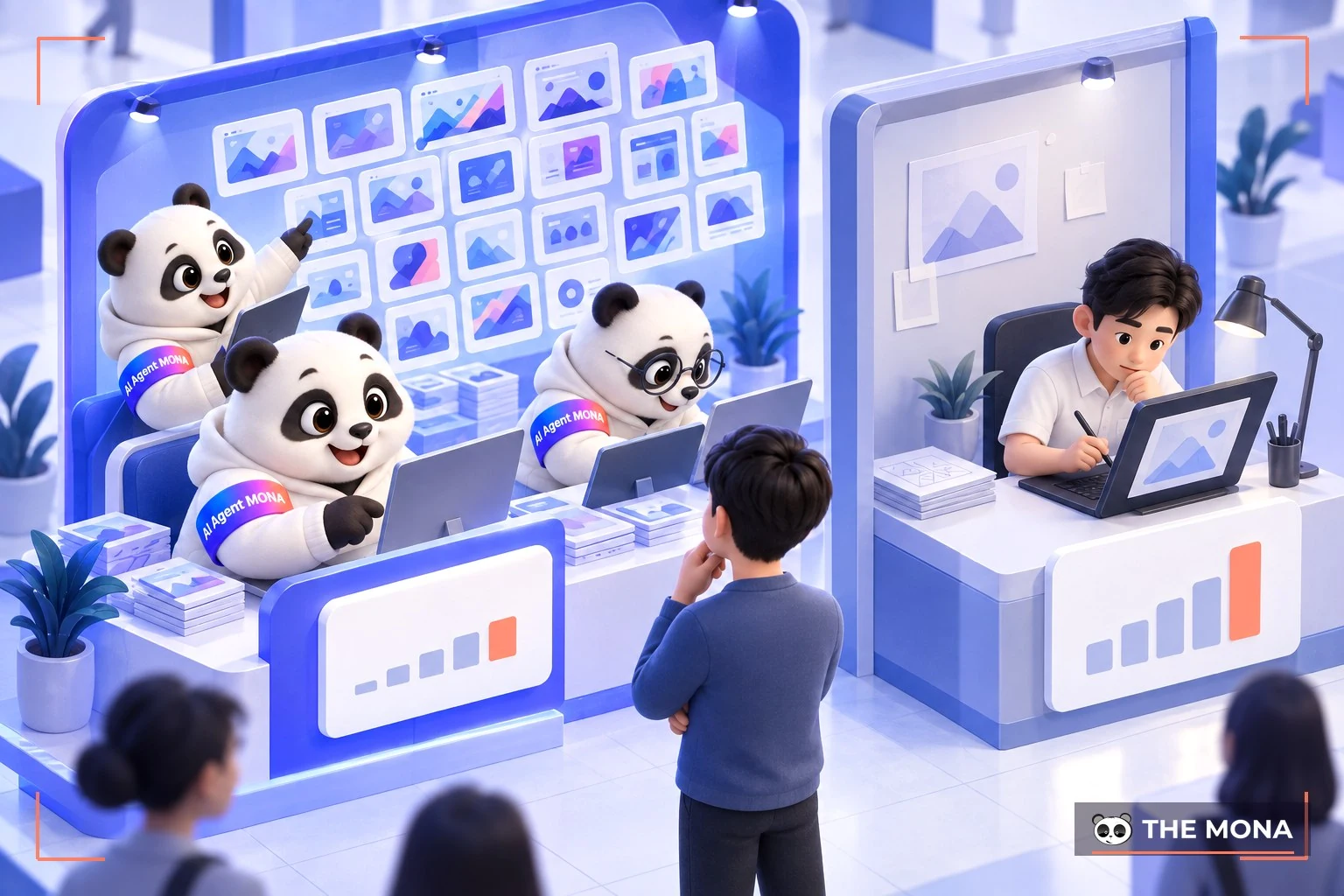 Khách so hai bảng giá giữa quầy có dàn gấu AI và quầy làm tay