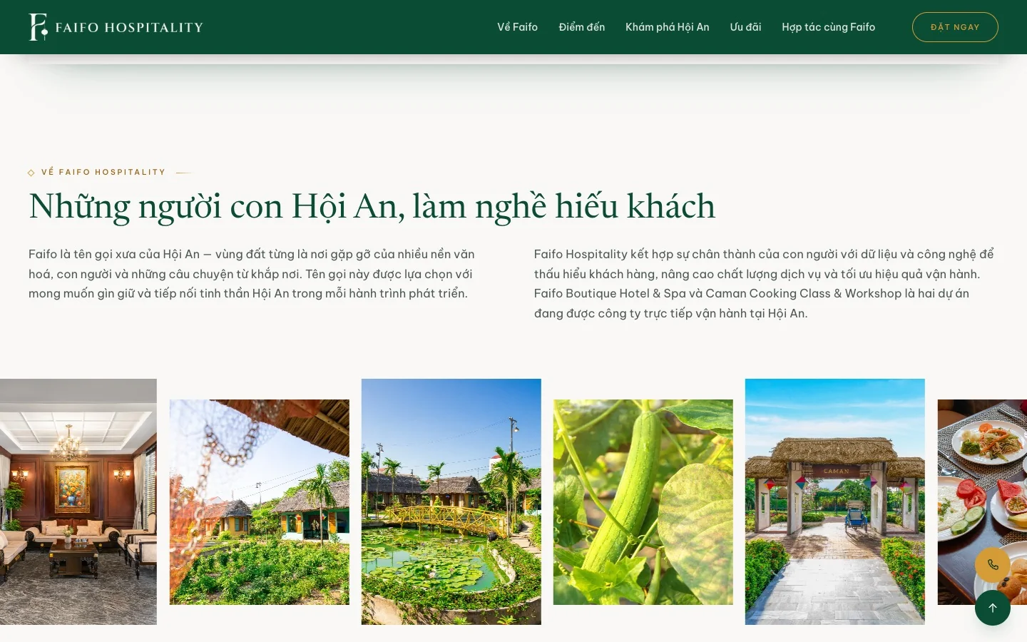 Khối giới thiệu Faifo Hospitality kèm dải ảnh khách sạn, vườn và món ăn Hội An