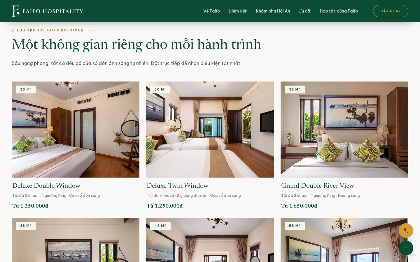 Lưới sáu hạng phòng Faifo Boutique ghi diện tích, số khách và giá từng phòng