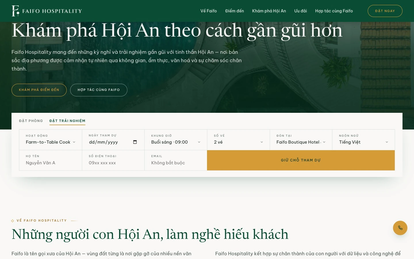 Form đặt trải nghiệm Caman ngay dưới hero, chọn hoạt động, khung giờ và điểm đón