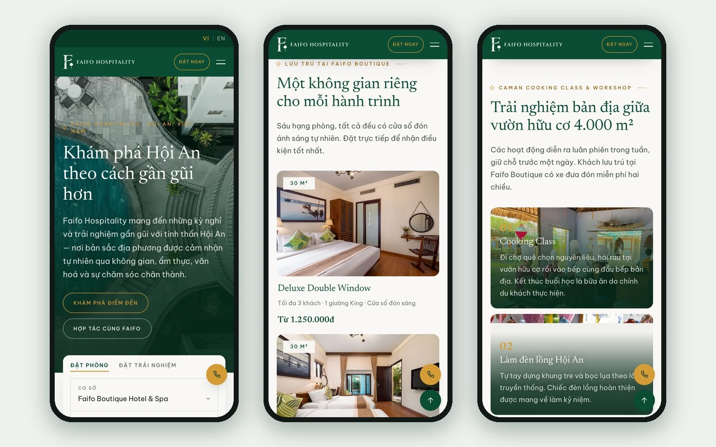 Ba màn giao diện mobile Faifo: hero, hạng phòng và trải nghiệm tại Caman