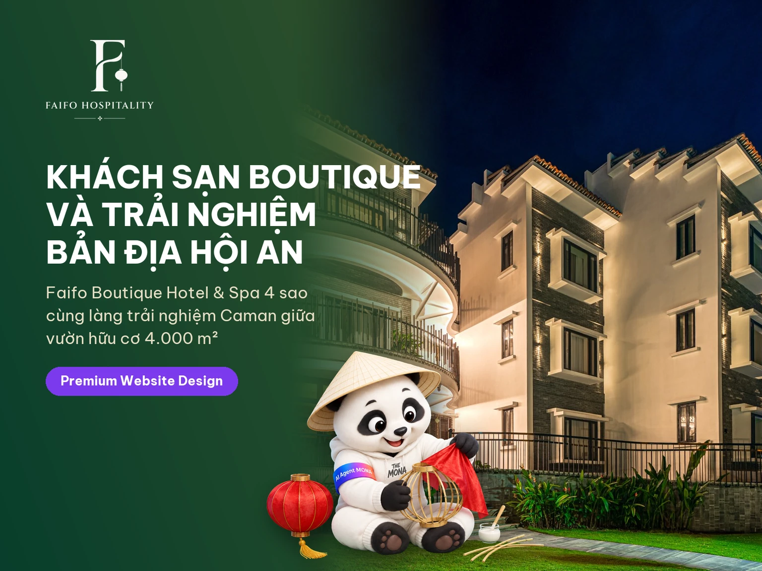 Gấu MONA đội nón lá bọc lụa đèn lồng trên thẻ dự án website Faifo Hospitality Hội An
