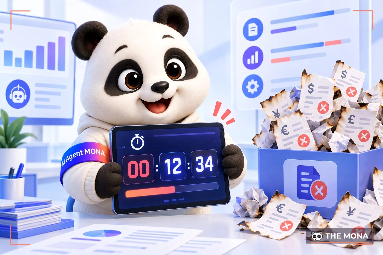 Gấu MONA cầm đồng hồ đếm ngược bên biên lai ngoại