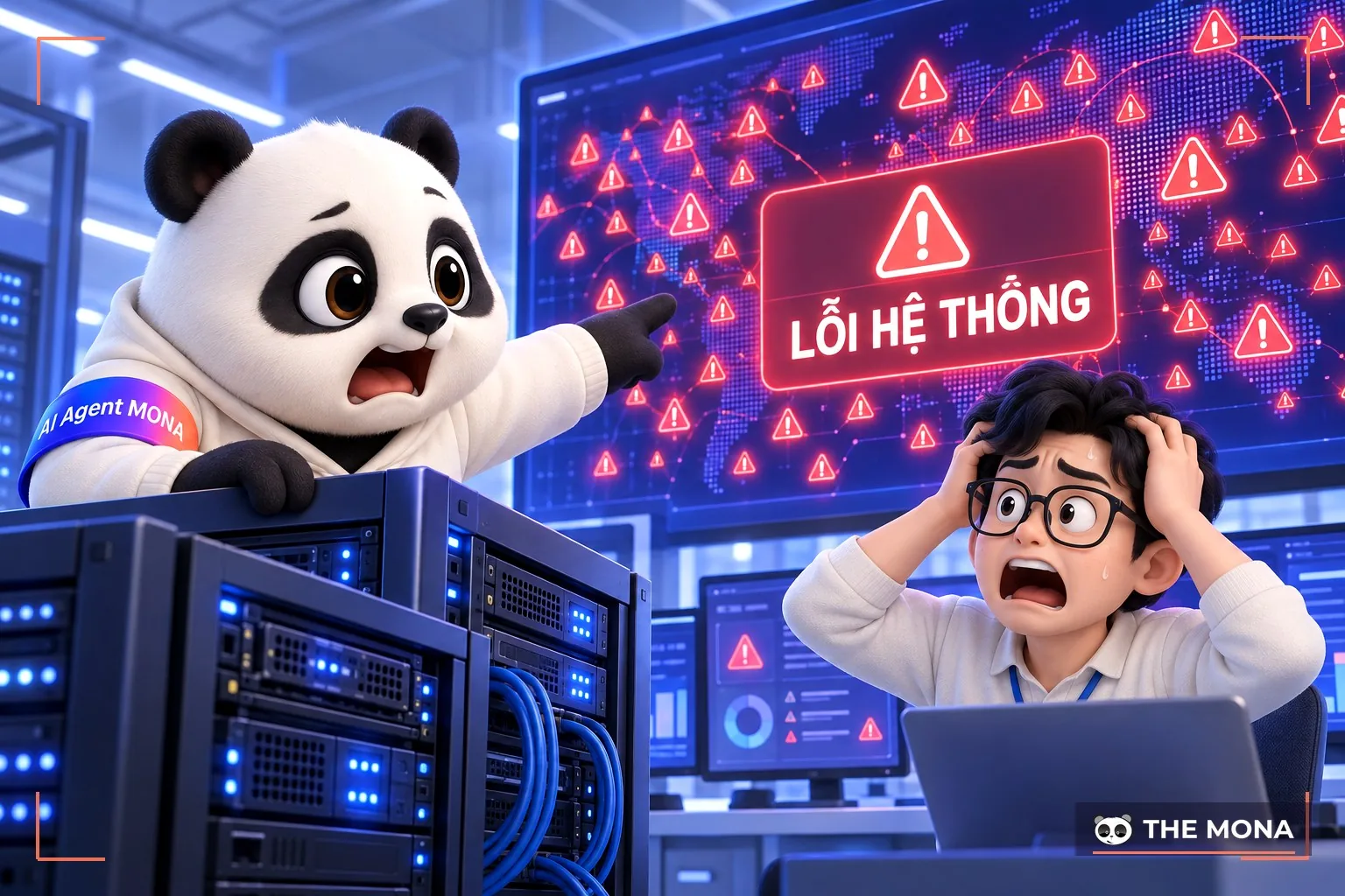 gấu mona hốt hoảng nhìn màn hình cảnh báo lỗi đỏ chót
