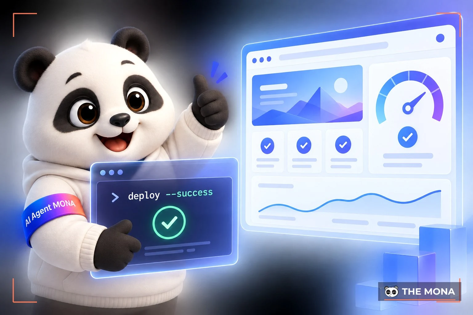 Gấu MONA vui vẻ vì AI tự deploy web với một dòng lệnh