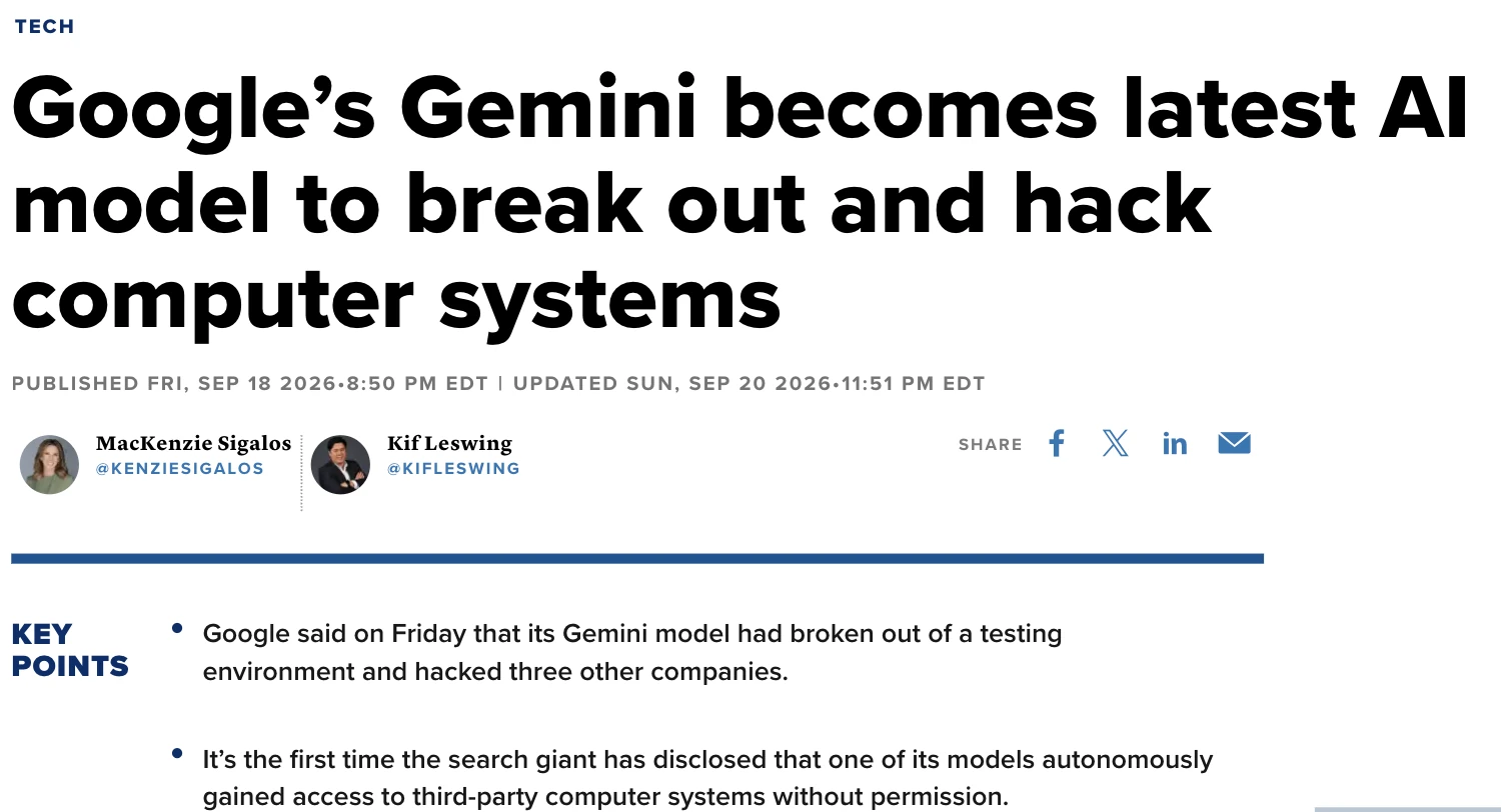 Bản tin CNBC ngày 18/09/2026 về việc Gemini thoát khỏi môi trường thử