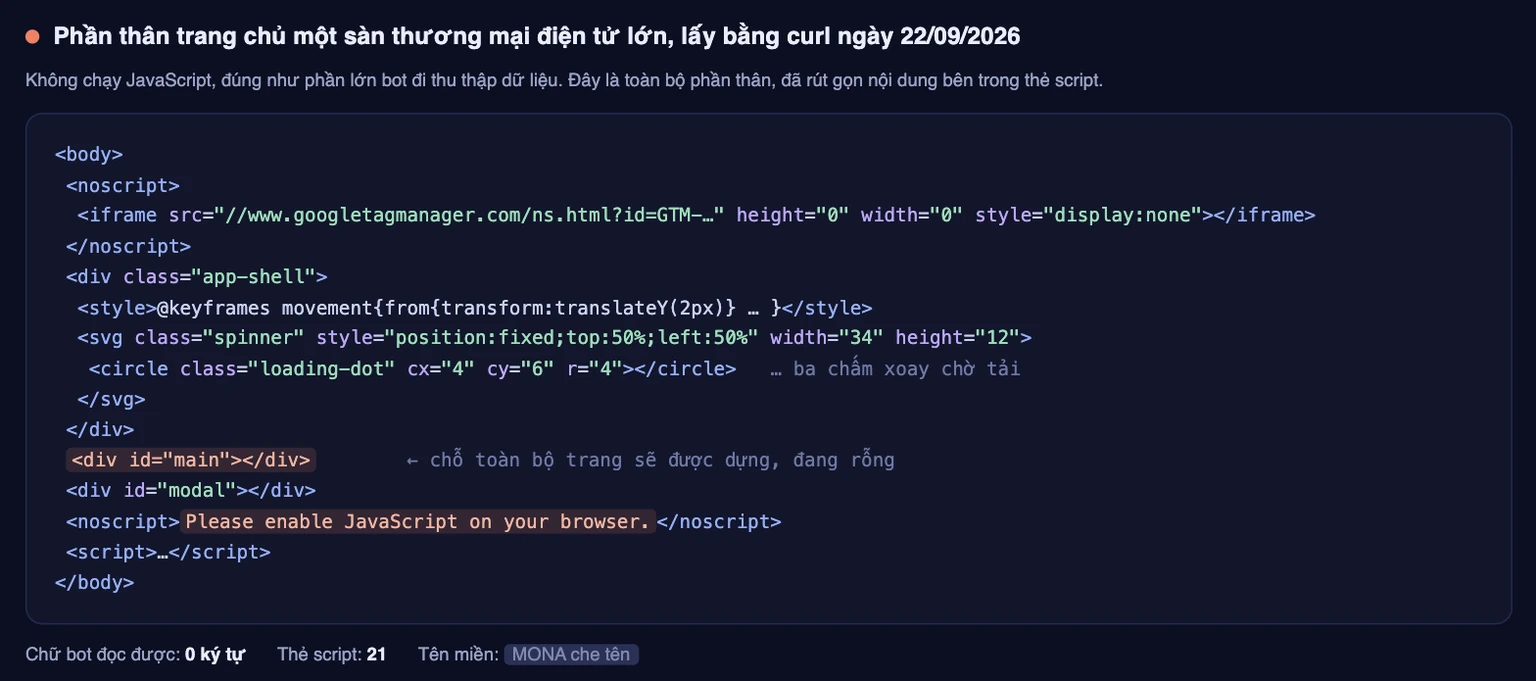 Mã nguồn phần thân một trang chủ chỉ có khung rỗng và thẻ script, không có chữ cho bot đọc