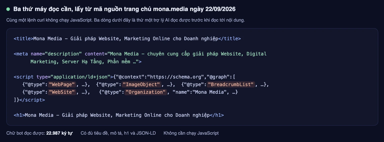 Mã nguồn trang chủ mona.media có đủ thẻ tiêu đề, mô tả, h1 và khối JSON-LD cho máy đọc